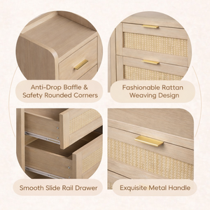 ELVROGEST SA Table de chevet moderne en bois avec tiroirs en rotin, table de chevet avec étagère de rangement et tiroir inférieur, finition naturelle - Product Image 3