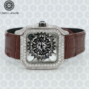 Montre carrée de luxe Charm_Jewells en acier inoxydable avec accents de diamants, mouvement à quartz analogique, bracelet en cuir marron, mode féminine - Product Image 1