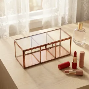 Brass and glass Rectangular Cosmetic <b>Storage</b> Box with Lid two partitions for Makeup jewellery display box - Product Image 1