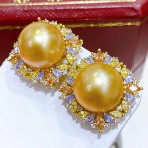 Zhuji <b>Pearl</b> Wholesale 18k Ear Needles Emperor Purple Natural <b>Pearl</b> <b>Earrings</b> 12-13mm Round Glossy Good - Product Image 3