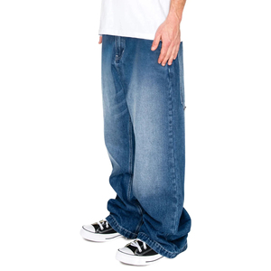 Jean délavé coupe large pour homme, taille haute, coupe ample, grande taille, décontracté, en denim de coton bleu, fermeture boutonnée, couleur unie - Product Image 2