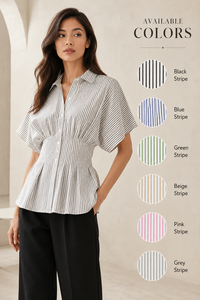 Summer Vintage Striped Women's Regular Fit High Waist Fashion Ruffle Pleated Eco-Friendly Blouses Casual Shirt - Product Image 4