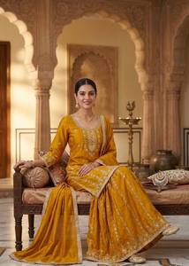 Robe Anarkali brodée en soie dorée pour femme, tenue ethnique traditionnelle longue, style Inde Pakistan, robe de mariée - Product Image 3