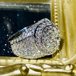 Moissanite Iced Out <b>Ring</b> 925 Sterling <b>Silver</b> Hip Hop <b>Ring</b> Round Cluster Diamond Look Luxury <b>Statement</b> Jewelry Gold Plated <b>Ring</b> - Product Image 6