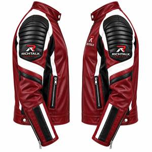 Blouson de moto en cuir pour homme, rouge, noir, blanc, color block, col montant, fermeture éclair, style motard - Product Image 3