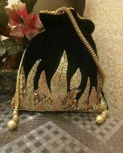 Handcrafted Beaded Handle Potli Bag Black Zardosi Embroidery <b>Drawstring</b> <b>Pouch</b> Ethnic Wedding Party Wear Women Gift Clutch Purse - Product Image 2