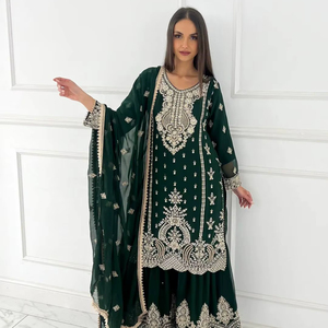 Premium Chinnon Silk <b>Kurti</b> Set with Heavy Embroidery Sharara & Lace Border Dupatta – Wedding & Festive Wear Suit - Product Image 1