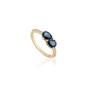 Anillo apilable de oro amarillo macizo de 14 quilates con zafiro azul en forma de pera y diamantes, de diseño simple y moderno, para uso diario. - Product Image 3