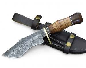 Handcrafted Custom Damascus Steel Outdoor Utility <b>Tool</b> Recurved Blade Stacked <b>Leather</b> Walnut Wood Handle Brass Guard - Product Image 5