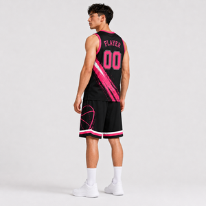 Ensemble d'uniformes de basket-ball personnalisés pour hommes, maillot sans manches et short, noir et rose, vêtements d'équipe sportive - Product Image 4