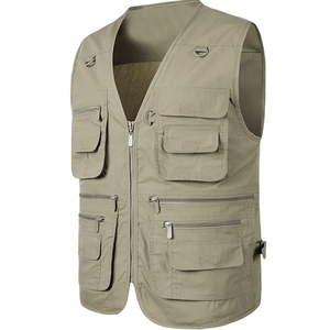 Chaleco Multibolsillos con Cierre para Hombre, Color Caqui, Informal, Transpirable, de Poliéster, Cuello en V, para Verano, Caza, Secado Rápido - Product Image 1