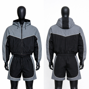 High Quality Custom <b>Men's</b> Solid Casual Windbreaker Lightweight Breathable Hooded Zip <b>Jacket</b> and Shorts Sportswear Set - Product Image 1