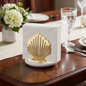Porte-serviettes en forme de coquillage doré avec base en céramique blanche, élégant organisateur de serviettes de table de style côtier, décoration de table de luxe - Product Image 4