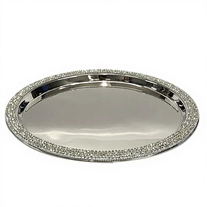 Plateau de vanité en verre miroir de luxe fait main, plateau décoratif en métal perlé de cristal argenté, organisateur de cosmétiques, présentoir à bijoux - Product Image 1