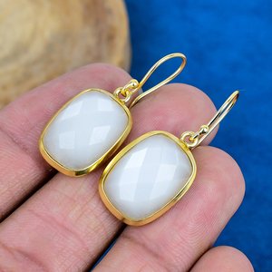 Natural Handmade White Moonstone Cushion Shape Gemstone Drop Earrings 18k Micron Gold Over 925 <b>Sterling</b> <b>Silver</b> - Product Image 3