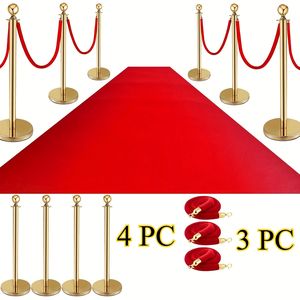 4 Pali in Acciaio Inox per Controllo Folla, 3 Corde in Velluto Rosso, Altezza 37 Pollici, Lunghezza 5 Piedi, Design con Punta a Sfera Dorata, Supporto per Banner - Product Image 2