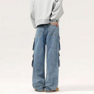 New Style Brand <b>Men's</b> Wide Leg Denim Cargo Biker <b>Jeans</b> Washed Blue Side Pockets Waterproof Breathable Eco-Friendly 2026 - Product Image 2