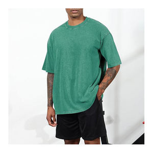 เสื้อยืดแขนสั้นสีเขียวล้วนทรงโอเวอร์ไซส์สำหรับผู้ชาย ผ้าฝ้ายระบายอากาศดี ดีไซน์คอปกถักแบบลำลองสำหรับฤดูร้อน - Product Image 2