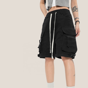 <b>Women's</b> <b>Black</b> <b>Cargo</b> <b>Shorts</b> High Waist Elastic Drawstring Loose Fit Streetwear Style with Multiple Pockets Canvas Material - Product Image 2