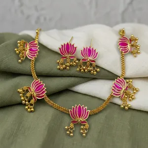 Simple Lotus Style Trendy Brass Necklace <b>Set</b> Gold Plated Chain Earrings Engagement Anniversary Parties Weddings <b>Gift</b> <b>Women</b> Delhi - Product Image 1