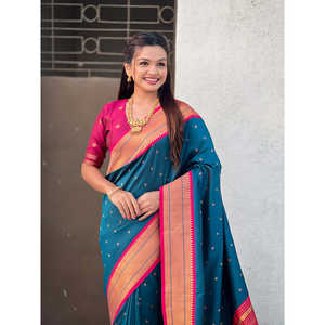 Sari de seda suave de mezclilla Elite Weaves con tejido Paithani Zari, elegante vestido de noche, 650g - Product Image 5