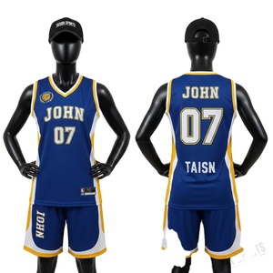 Uniforme de basket-ball pour femmes, 160 GSM, maille polyester respirante, bleu royal, jaune, panneau latéral blanc, logo personnalisé par transfert thermique - Product Image 1