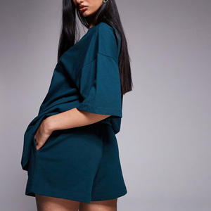 Women's Teal Two-Piece Set <b>Flame</b> Print T-<b>Shirt</b> Shorts Casual Loose Fit Summer Wear 100% Cotton Crew Neck Three Quarter Sleeve - Product Image 5