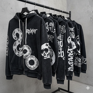 Novedad 2026: Sudaderas con capucha con cremallera de felpa francesa con parches bordados personalizados y lavado ácido, de fabricante de prendas de streetwear. - Product Image 5