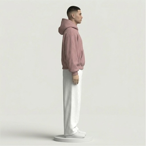 ชุดวอร์มเทคฟลีซแบบหนาพิเศษสำหรับผู้ชาย เสื้อฮู้ดดี้สีชมพูอมเทาขนาดโอเวอร์ไซส์ และกางเกงขายาวสีขาวทรงกระบอก ชุด 2 ชิ้น - Product Image 3