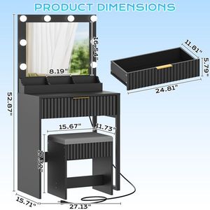 Black Particleboard 3-Compartment Dressing <b>Table</b> Set with 1 Drawer 8 Three-Tone Light Bulbs Power Strip Grille-<b>Makeup</b> Vanities - Product Image 4