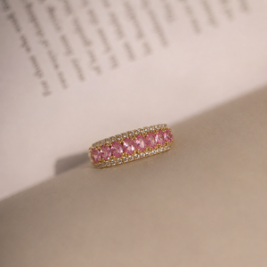 Bague Riva plaquée or à double rangée, émeraude et tourmaline rose, cadeau de luxe pour femme - Product Image 4
