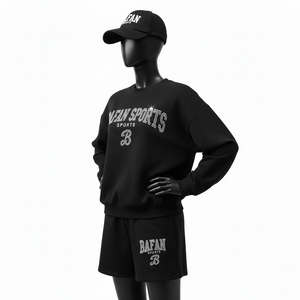 Ensemble sweat-shirt et short pour femme 100% coton, coton brossé de qualité supérieure, coupe décontractée, noir avec logo imprimé en strass, ensemble pour femme - Product Image 4