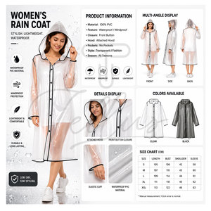 Manteau de pluie imperméable pour femmes, veste de pluie longue légère à capuche, manteau d'extérieur coupe-vent pour dames, vêtements de pluie réutilisables à la mode - Product Image 6
