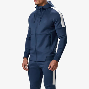 Men's Navy Blue Full <b>Zip</b> <b>Hooded</b> Tracksuit With White Stripes Side Pockets Breathable Sporty Autumn Wear - Product Image 6