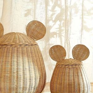 Handmade Rattan Mouse Ear Storage <b>Basket</b> <b>with</b> <b>Lid</b> Natural Woven Organizer for Kids Room Toy Storage and Nursery Decor - Product Image 1