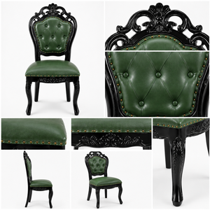 Chaise de salle à manger classique traditionnelle sculptée à la main en bois de Sheesham massif noir brillant, avec revêtement en Rexin vert capitonné pour chambre à coucher - Product Image 5