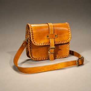 Handcrafted Tan <b>Leather</b> Crossbody Bag Vintage Satchel Purse With Braided Stitching Adjustable Shoulder Strap - Product Image 2
