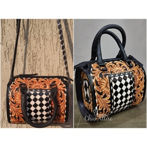 Bolsa de Viaje de Fin de Semana de Cuero Genuino con Diseño Floral Tallado a Mano y Patrón a Cuadros, Colección 2026 - Product Image 1