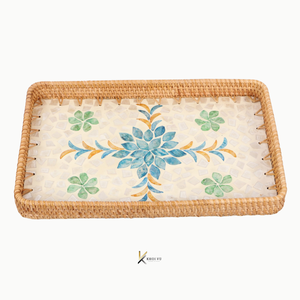 Bandeja de Servir Rectangular de Madera con Incrustaciones de Madreperla y Mimbre, Diseño Elegante, Personalizable OEM/ODM, Decoración Duradera para el Hogar, Regalo de Inauguración - Product Image 3