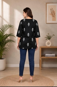 Women’s Black Printed <b>Short</b> Kurti | Elegant Floral Ethnic Wear <b>Top</b> | Casual Rayon Kurta <b>Tunic</b> | Stylish <b>Sleeve</b> Indian Kurti - Product Image 2