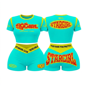 Ensemble 2 pièces crop top et short pour femme, noir et jaune, imprimé lettres, style sexy clubwear, printemps-été, sportif, coupe ajustée au genou - Product Image 3