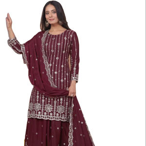 Listo para comprar: Conjunto de Kurti, pantalón y dupatta de estilo afgano con bordado pesado y lentejuelas en colores brillantes, largo hasta la rodilla, para mujer. - Product Image 1