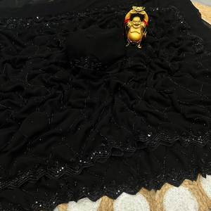 Magnifique sari noir pour occasions spéciales, orné de perles complexes et de détails faits main sur un tissu Georgette pur. - Product Image 4