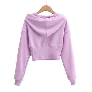 Sudadera con Capucha Corta Morada para Mujer, con Cintura Acanalada, Manga Larga, Color Sólido, Estilo Casual Otoñal - Product Image 2
