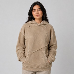 Sudadera con capucha estilo grunge desgastada, oversize, vintage, para mujer, lavada, holgada, de ajuste relajado, de forro polar suave, con borde deshilachado - Product Image 1