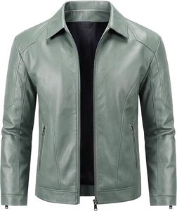 <b>Men's</b> Gray Genuine <b>Leather</b> Breathable Windproof High Street Moto <b>Jacket</b> Slim Fit Turn-down Collar Zipper Closure Regular Sleeve - Product Image 1