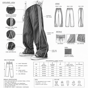 Pantalon de survêtement noir léger à jambe large, taille mi-haute avec cordon de serrage, coupe droite, bandes latérales contrastées, style streetwear décontracté pour homme - Product Image 6