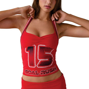 Sexy Women Custom Red Y2K Halter Crop Tank <b>Top</b> Women Rhinestone Graphic Fitted Streetwear Summer Fashion <b>Top</b> OEM Women's Shirts - Product Image 4