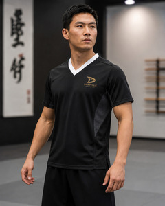 Chemise d'entraînement d'arts martiaux noire à col en V pour homme, respirante, en polyester, uniforme pour la pratique du karaté et du taekwondo - Product Image 4