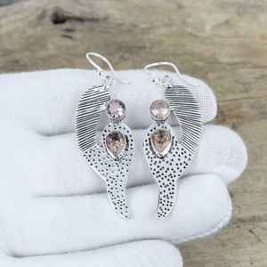 Pendientes de Morganita y Topacio Blanco, Plata de Ley 925, Hechos a Mano, Estilo Antiguo, Colgantes, Regalo de Cumpleaños, Lujosos para Fiestas - Product Image 2